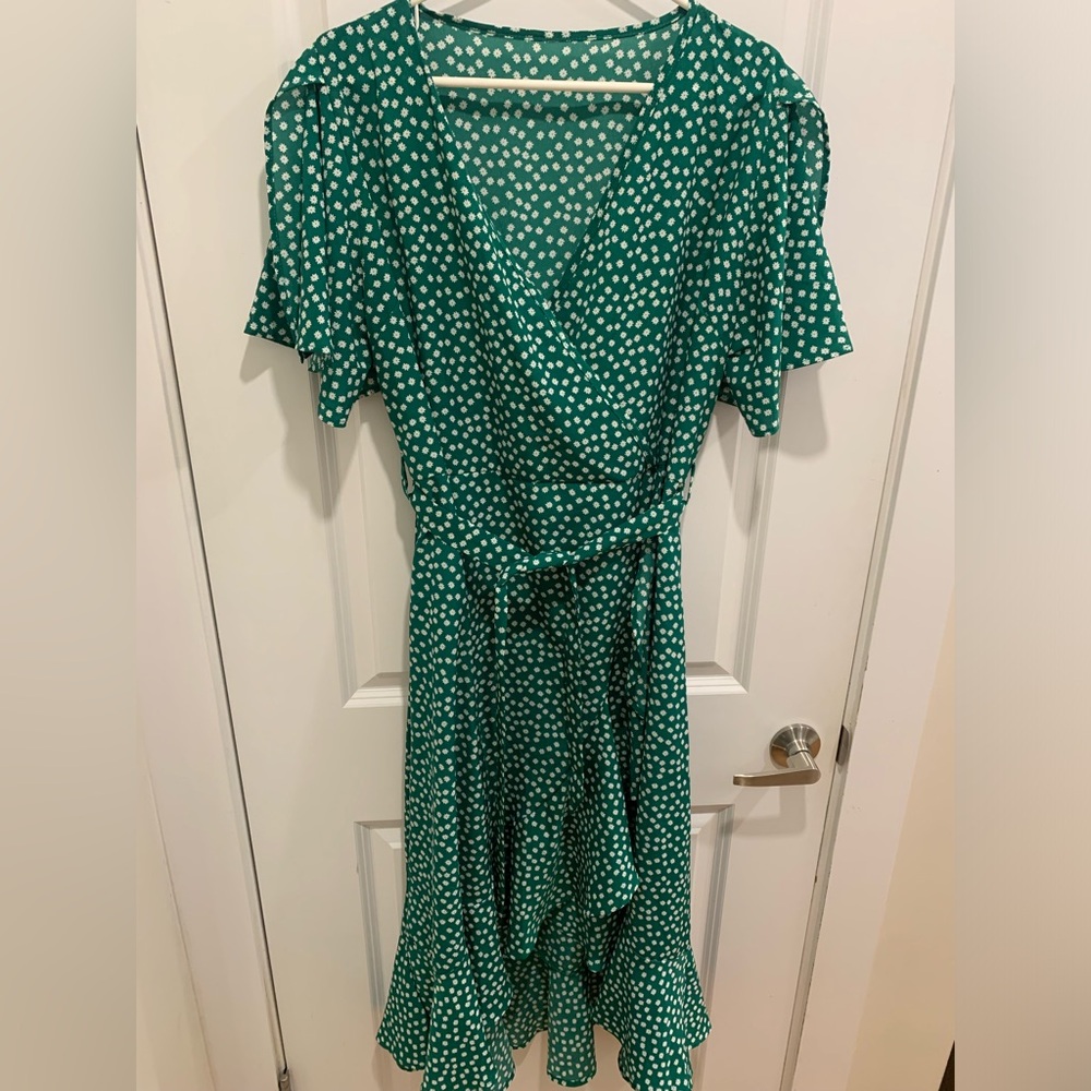 SHEIN Green Polka Dot Wrap Midi Dress